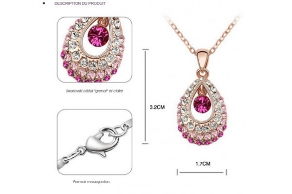 Ce splendide collier est composé d'un pendentif en Cristal de Swarovski et d'une chaine de 42 cm ( + chainette de réglage )
http://www.merveilledebijoux.fr/fr/86-collier-swarovski-rose.html